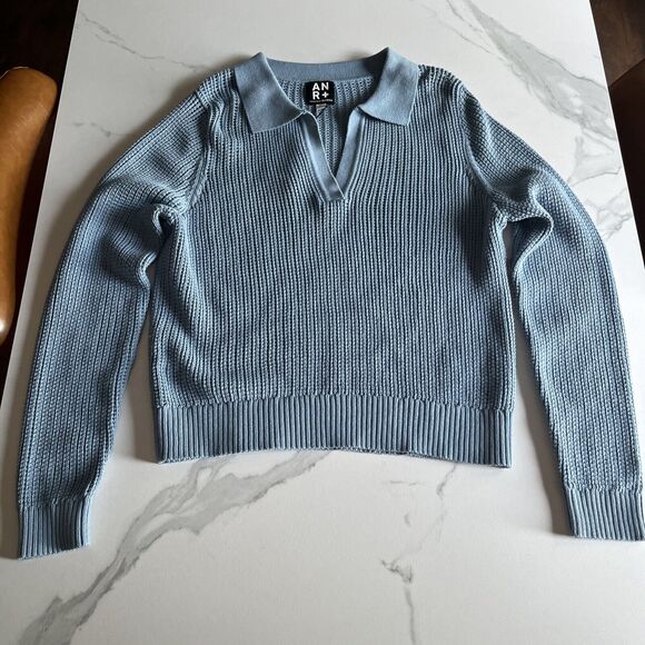 Alp N Rock Soren Light Blue Loose Knit Polo Sweater Womens Size Large V-Neck NWT - Picture 1 of 15